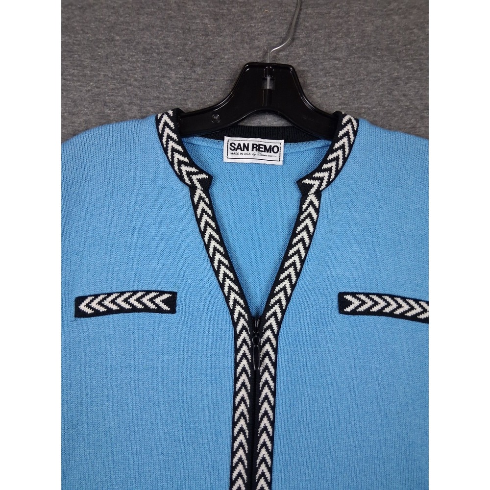 VTG San Remo Womens Sweater L Blue Chevron Zip Cardigan Old Money Coastal Preppy